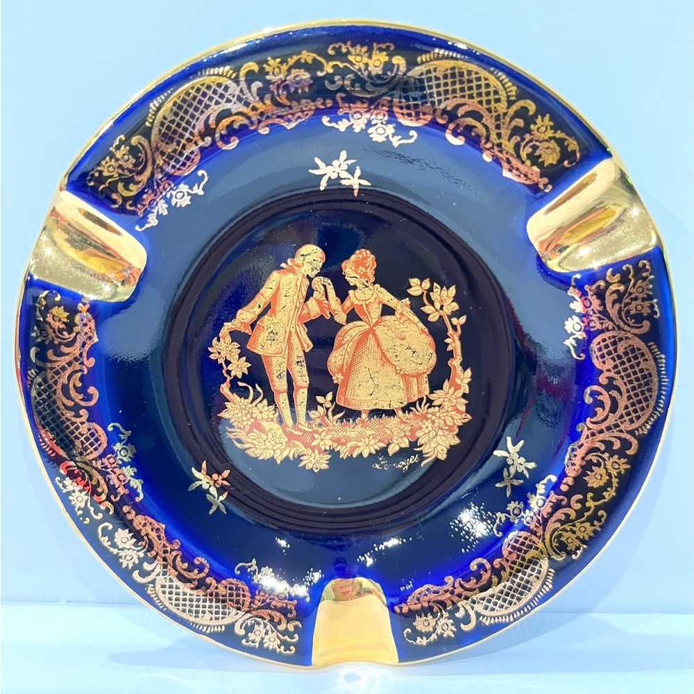 Vintage Limoges Porcelain Ashtray Castel France Courtship in Gold & Blue